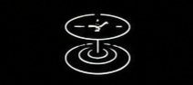 Minimalist white drawing of a clock face with its reflection bending downward in a ripple pattern on a black background.