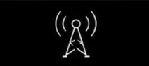 White radio signal tower icon with curved lines indicating broadcast, on a black background.