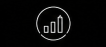 White bar chart with three bars inside a circle on a black background, with the tallest bar shaped like a pencil.
