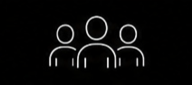 Simple white outline icon of three people on a black background, with one larger figure in the centre and two smaller ones on each side.