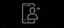 White outline of a mobile phone with a user profile icon on the screen, set against a black background.