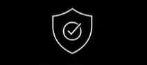 A white shield outline with a tick inside, symbolising security or protection, on a black background.