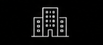 White outline of a three-storey building with multiple windows on a solid black background.