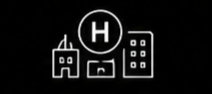 White line art of three buildings, with the centre building featuring a large H inside a circle, on a black background.